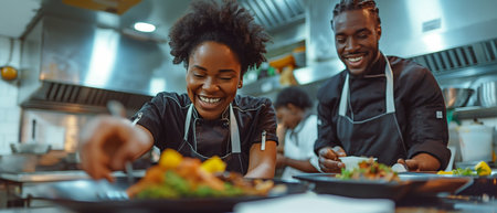 While serving meals in the restaurant, a contented Black cook and her colleague decorate plates.の素材