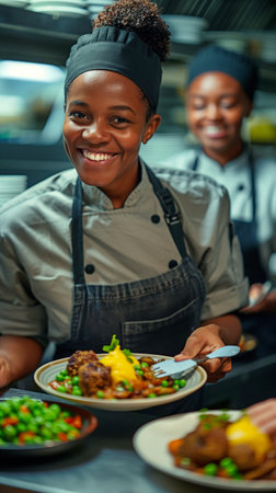 While serving meals in the restaurant, a contented Black cook and her colleague decorate plates.の素材