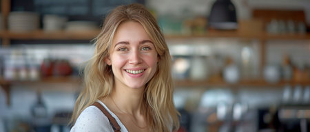 In the cafe kitchen, a cheerful young blonde businesswoman wearing an apron is observing the camera.の素材