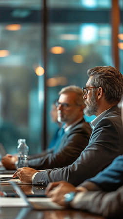 Business executives conversing in a board room via video conferencingの素材