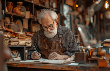 Working in an antique shop, a senior man entrepreneur writes on paper at his desk.の素材