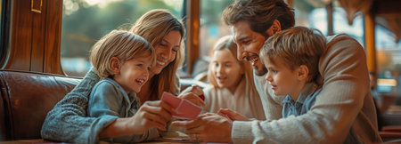 Happy parents on a train, playing cards with their kidsの素材