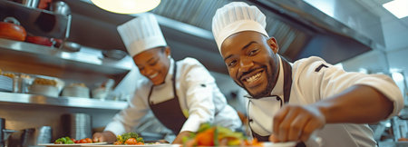 While serving meals in the restaurant, a contented Black cook and her colleague decorate plates.の素材