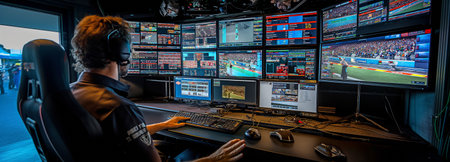 Race director at the motorsport track control room with several TV monitoring linesの素材
