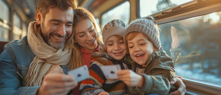 Happy parents on a train, playing cards with their kidsの素材