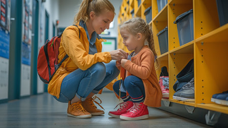 View from the side of a female kindergarten teacher assisting a girl while tying shoe lacesの素材