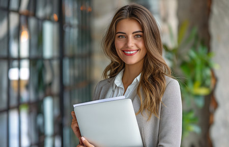 A happy businesswoman is shown in this portrait standing at her desk with a laptop and documents.の素材