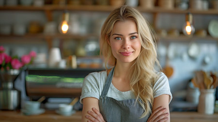 In the cafe kitchen, a cheerful young blonde businesswoman wearing an apron is observing the camera.の素材