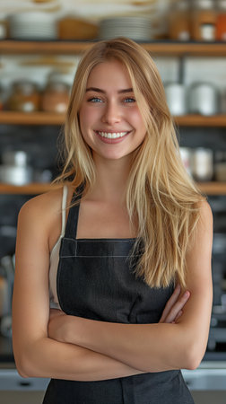 In the cafe kitchen, a cheerful young blonde businesswoman wearing an apron is observing the camera.の素材