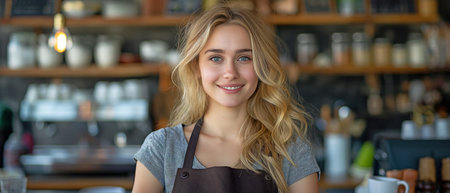 In the cafe kitchen, a cheerful young blonde businesswoman wearing an apron is observing the camera.の素材