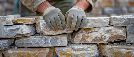 A bricklayer uses metal tools, wood and building supplies like rocks and bricks to build a stone wall.の素材