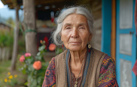 elderly woman glancing at a camera while standing outside her village homeの素材