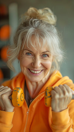 An adult woman clenching her teeth during a dumbbell workout at homeの素材