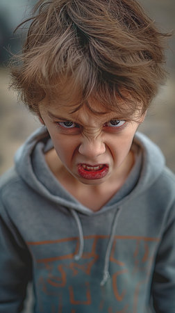 Little boy, furious, grimacing and acting aggressivelyの素材