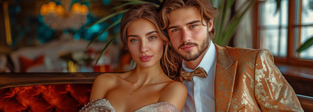 Happy young couple posing indoors in opulent, stylish clothingの素材