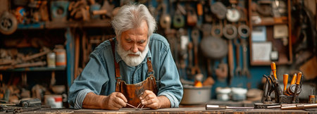 Senior artisan at repair business setting up frame on workbenchの素材