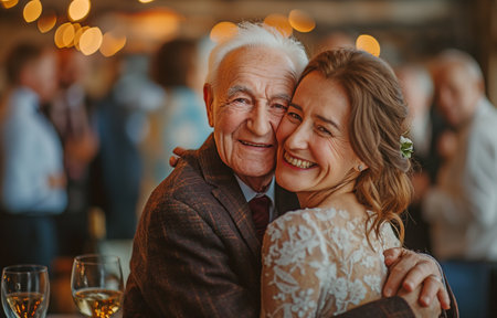 At the wedding celebration, a bald elderly groom embraces a female companion while sipping wine.の素材