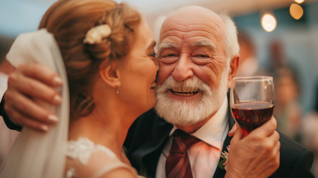 At the wedding celebration, a bald elderly groom embraces a female companion while sipping wine.の素材