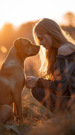 A young lady is commanding a boxer dog.の素材