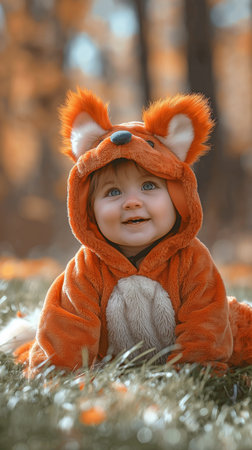 Adorable happy baby girl crawling around the park's lawn while wearing a fox costumeの素材