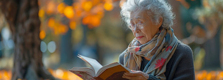 a picture of an elderly woman reading a fiction book in a parkの素材