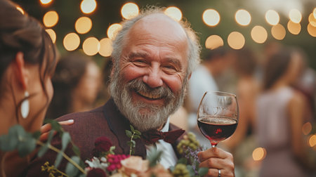 At the wedding celebration, a bald elderly groom embraces a female companion while sipping wine.の素材