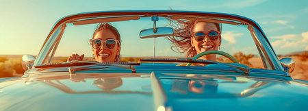 excited female pals on a vacation who are drivingの素材