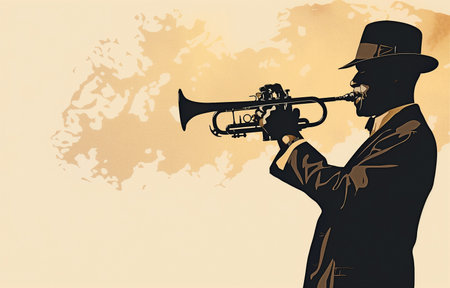 silhouette of a trumpet player in jazzの素材