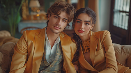 Happy young couple posing indoors in opulent, stylish clothingの素材