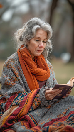 a picture of an elderly woman reading a fiction book in a parkの素材