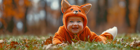 Adorable happy baby girl crawling around the park's lawn while wearing a fox costumeの素材