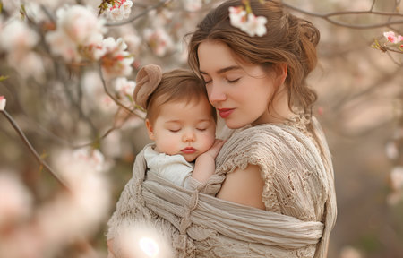 In spring, a young woman holds her sleeping infant daughter in woven wrap.の素材