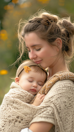 In spring, a young woman holds her sleeping infant daughter in woven wrap.の素材