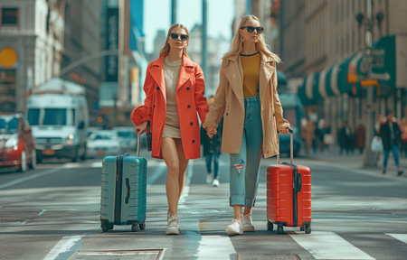 In the metropolis, a group of young female companions are pulling baggage across a road.の素材