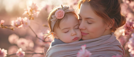In spring, a young woman holds her sleeping infant daughter in woven wrap.の素材