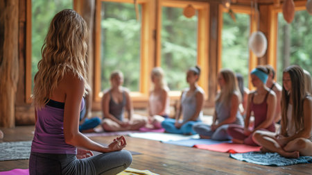 At the retreat centre, a female teacher helps ladies who are practicing yoga.の素材