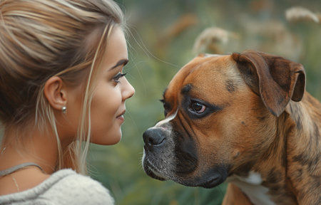 A young lady is commanding a boxer dog.の素材