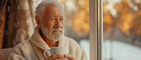 An elderly man in a bathrobe at home, staring out the window with a coffee cupの素材