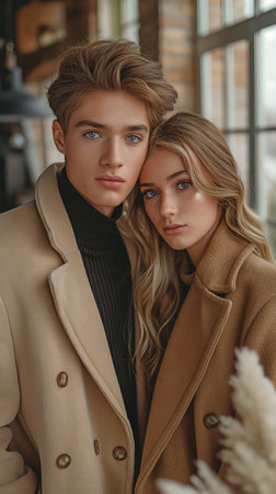 Happy young couple posing indoors in opulent, stylish clothingの素材