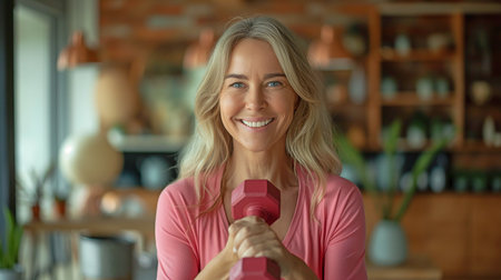An adult woman clenching her teeth during a dumbbell workout at homeの素材