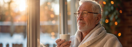 An elderly man in a bathrobe at home, staring out the window with a coffee cupの素材