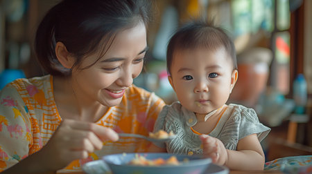 Mother using a spoon to feed her little daughterの素材