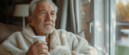 An elderly man in a bathrobe at home, staring out the window with a coffee cupの素材