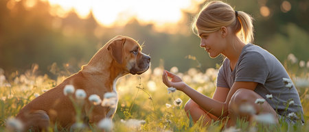 A young lady is commanding a boxer dog.の素材