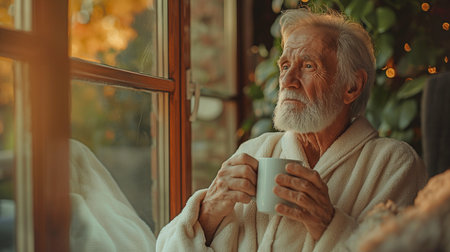 An elderly man in a bathrobe at home, staring out the window with a coffee cupの素材