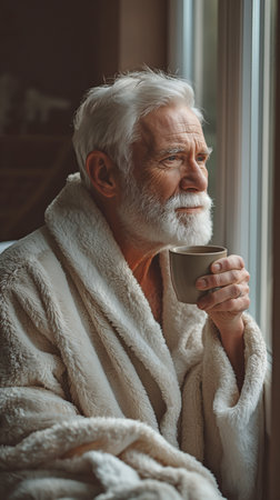 An elderly man in a bathrobe at home, staring out the window with a coffee cupの素材
