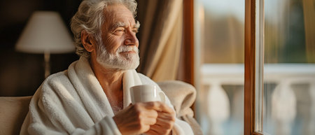 An elderly man in a bathrobe at home, staring out the window with a coffee cupの素材