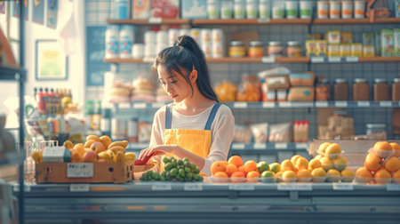 A young lady stocking the shop counterの素材