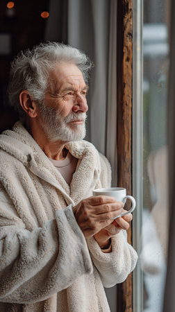 An elderly man in a bathrobe at home, staring out the window with a coffee cupの素材