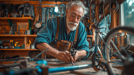 Senior artisan at repair business setting up frame on workbenchの素材